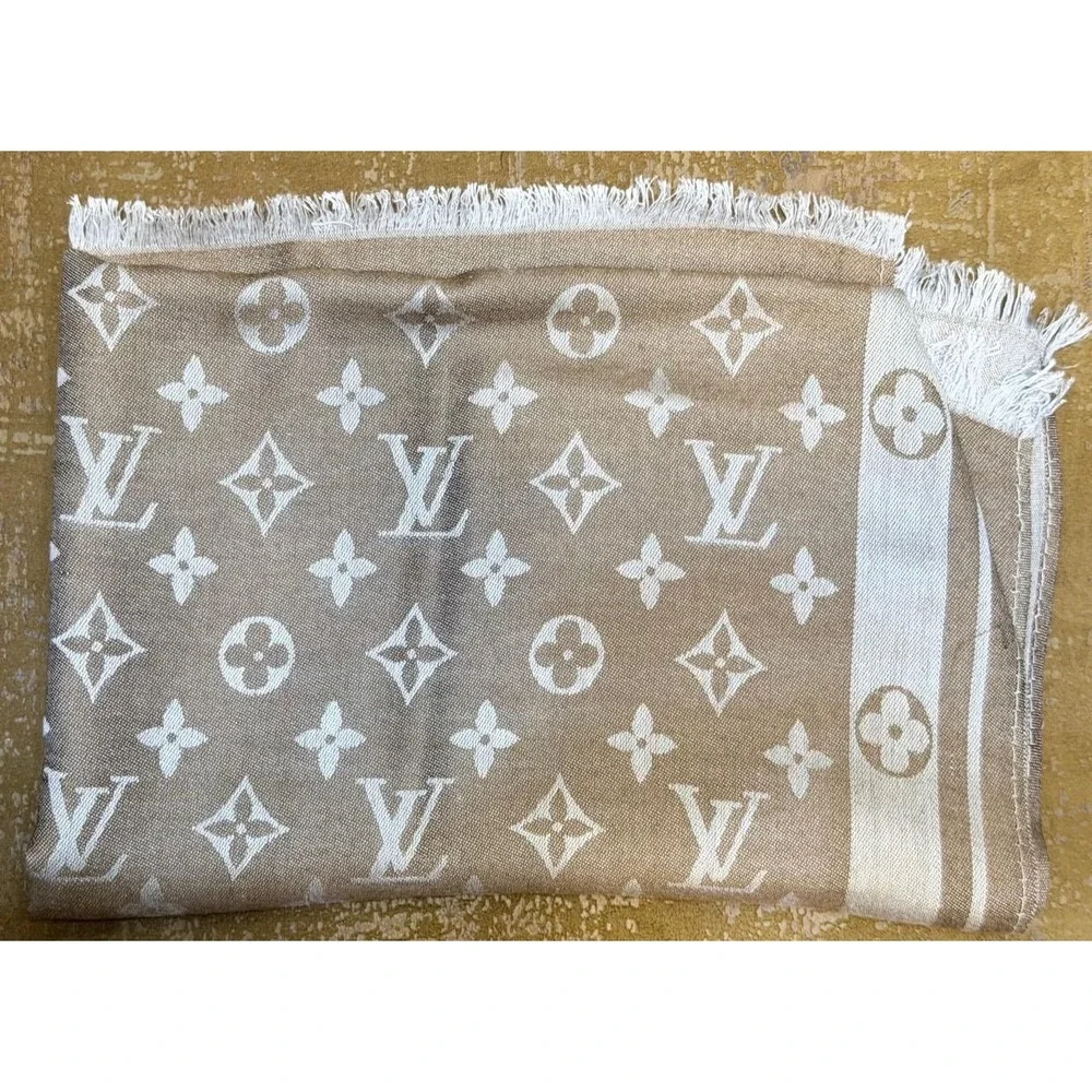 Louis Vuitton Monogram Cashmere Silk Shawl Scarf Brown Silver Fringe Paris